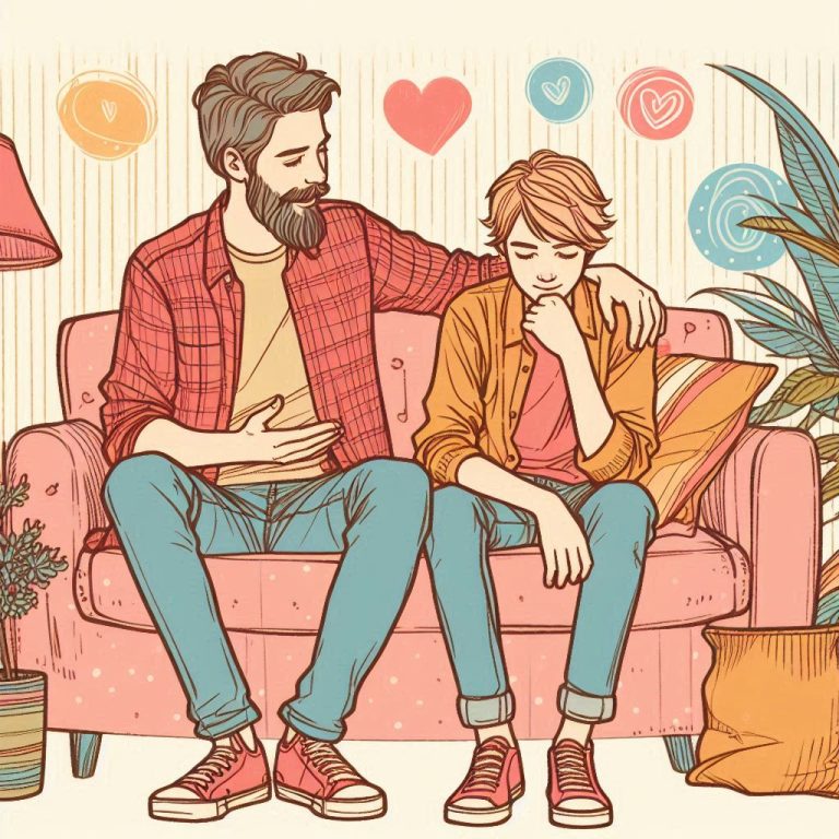man and son on couch